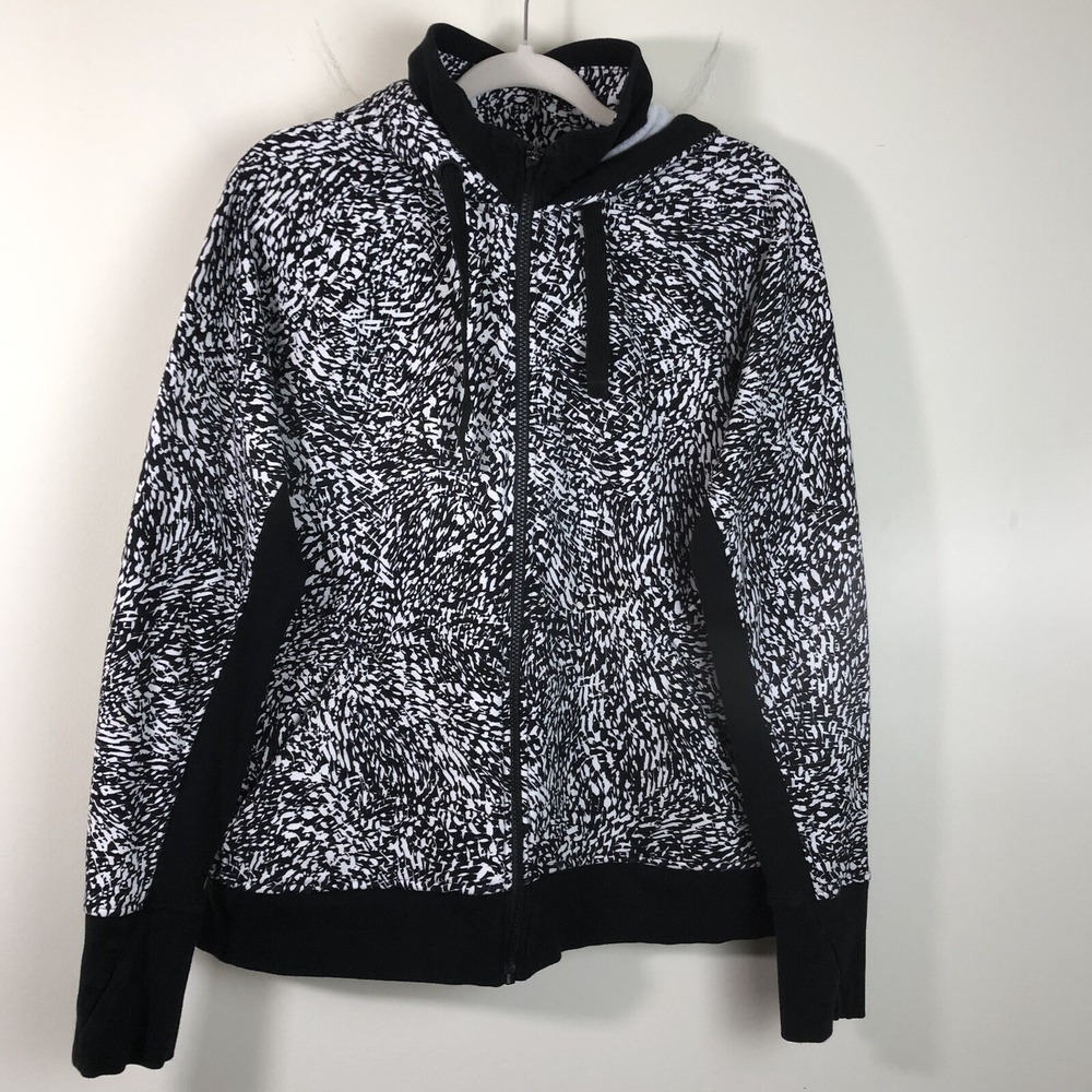 Athleta Triumph Printed Hoodie L Full Zip Black White Windstorm Stretch Pockets